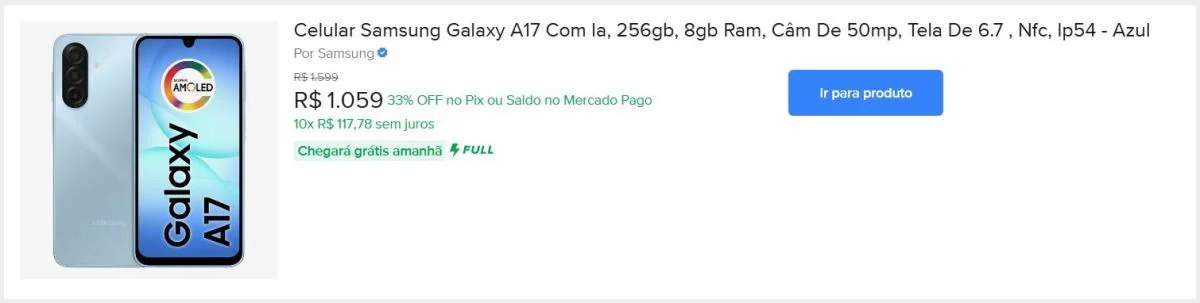 Celular Samsung Galaxy A17 Com Ia, 256gb, 8gb Ram, Câm De 50mp, Tela De 6.7 , Nfc, Ip54 - Azul
