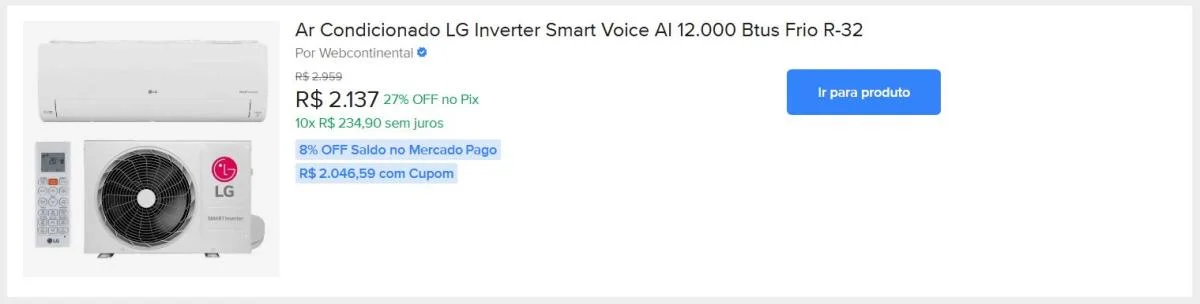 Ar Condicionado LG Inverter Smart Voice AI 12.000 Btus Frio R-32