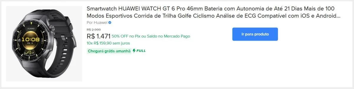 Smartwatch HUAWEI WATCH GT 6 Pro 46mm Bateria com Autonomia de Até 21 Dias Mais de 100 Modos Esportivos Corrida de Trilha Golfe Ciclismo Análise de ECG Compatível com iOS e Android GPS Preto