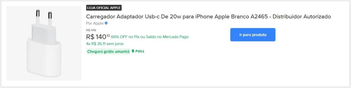 Carregador Adaptador Usb-c De 20w para iPhone Apple Branco A2465 - Distribuidor Autorizado