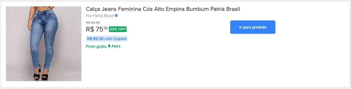 Calça Jeans Feminina Cós Alto Empina Bumbum Patria Brasil