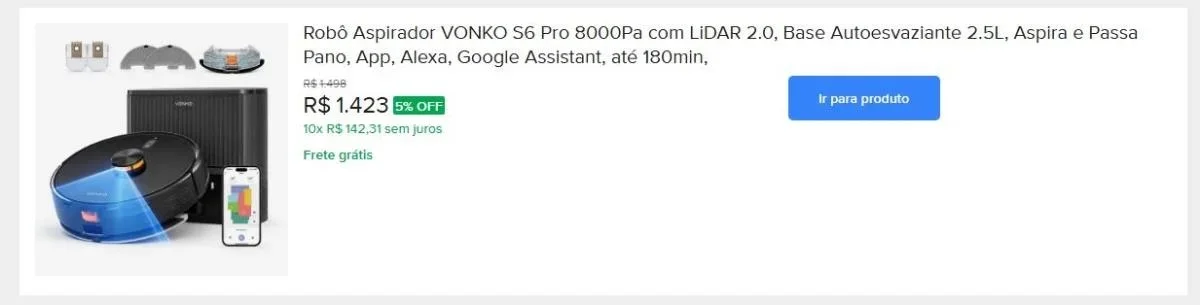 Robô Aspirador VONKO S6 Pro 8000Pa com LiDAR 2.0, Base Autoesvaziante 2.5L, Aspira e Passa Pano, App, Alexa, Google Assistant, até 180min