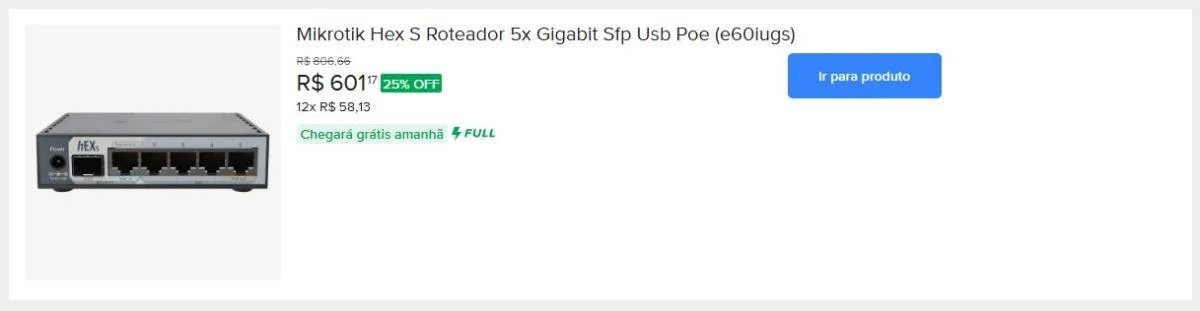 Mikrotik Hex S Roteador 5x Gigabit Sfp Usb Poe (e60iugs) Novo | +1000 vendidos Mikrotik Hex S Roteador 5x Gigabit Sfp Usb Poe (e60iugs)