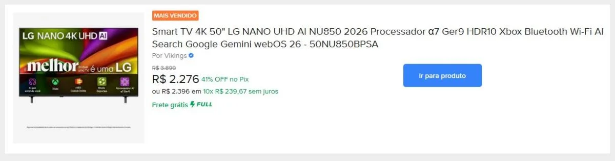 Smart TV 4K 50" LG NANO UHD AI NU850 2026 Processador α7 Ger9 HDR10 Xbox Bluetooth Wi-Fi