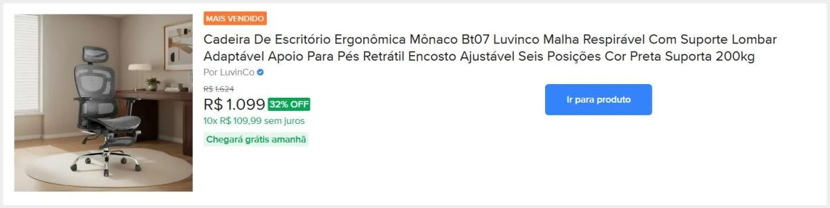 Cadeira De Escritório Ergonômica Mônaco Bt07 Luvinco Malha Respirável Com Suporte Lombar Adaptável Apoio Para Pés Retrátil Encosto Ajustável Seis Posições Cor Preta Suporta 200kg